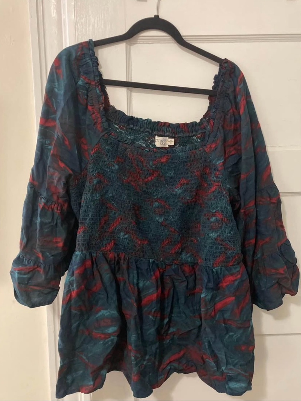 Terra & Sky Teal and Red Smocked Boho Tunic